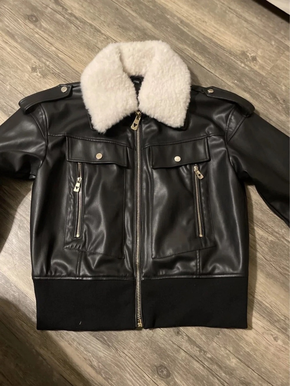 Guess Faux-Fur Collar Bomber Faux-Leather Jacket Size Medium